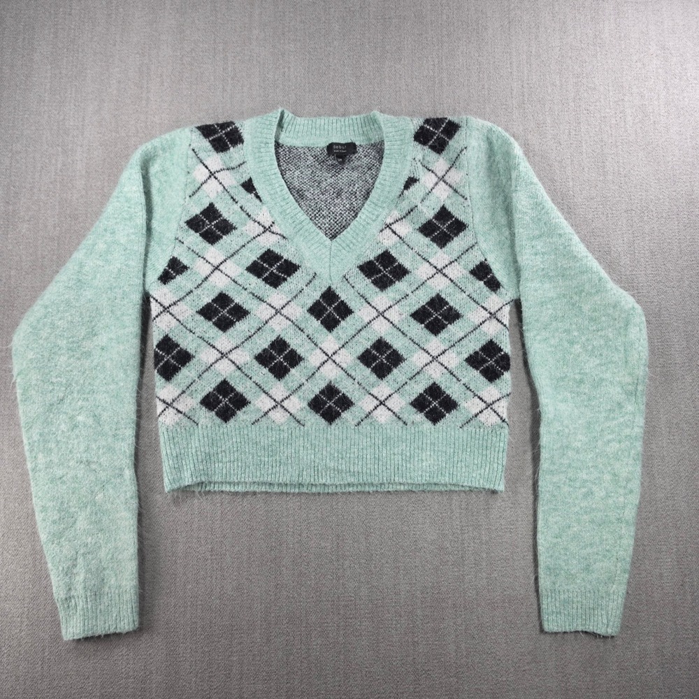 Debut Sweater Women S/M Mint Green Argyle V-Neck Cropped Fuzzy Knit T5194-B